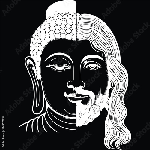 A split face of Buddha and Jesus, representing religious harmony and duality. Minimalist black and white art. Half face vector between the prophets of Christianity and Buddhism.
