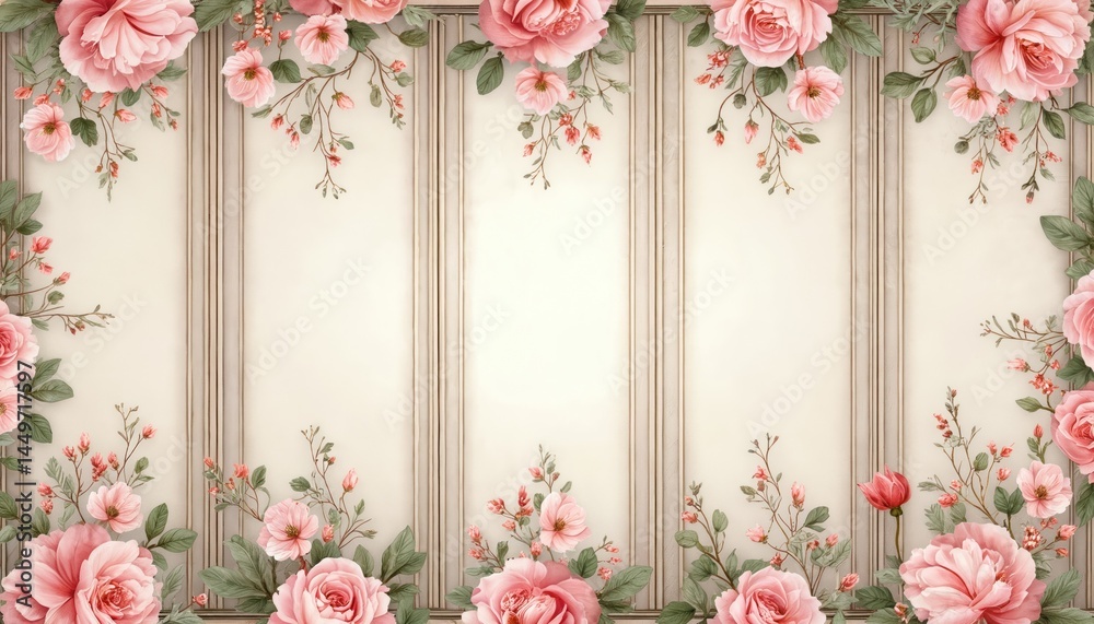 Elegant floral wallpaper design in soft pink hues with intricate botanical patterns. Home decor enhancement. Decorative wall art with floral arrangements, great for interior design, home improvement,