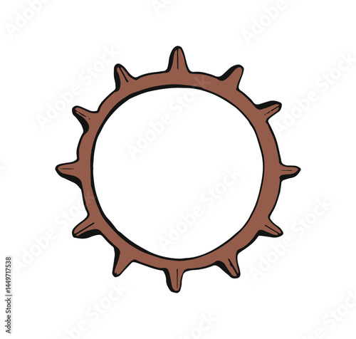 Cogwheel, mechanical engineering gear. Vintage spiky metal cog wheel tool in steampunk style. Retro industrial component with jagged teeth. Drawn vector illustration isolated on white background