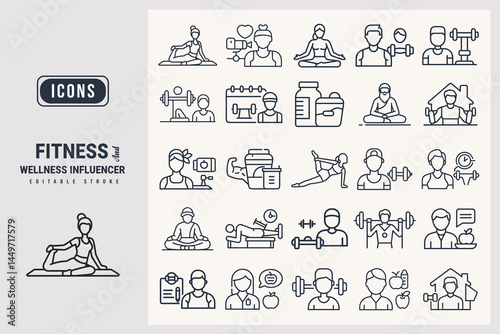 Fitness & Wellness Influencer icon set Gym Coach, Yoga Instructor, Healthy Lifestyle Vlogger, Workout Routine Creator, Meditation Guru, vector illustration isolated on white background.