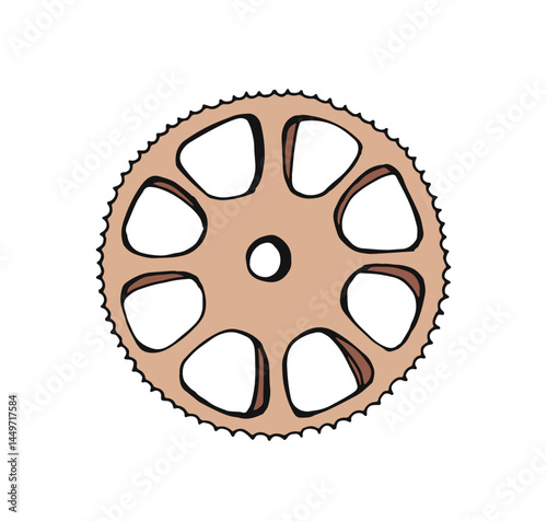 Cogwheel, old mechanical element. Metal gear, cog wheel, sprocket for vintage machine, retro steampunk style. Engineering tool, part, mechanism. Drawn vector illustration isolated on white background