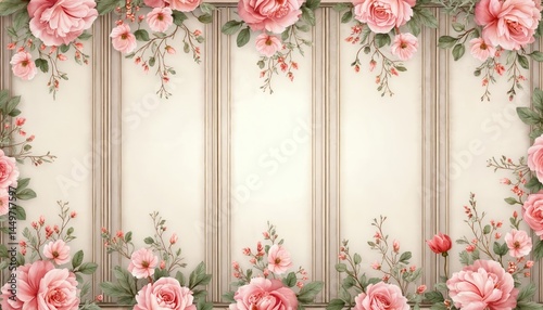 Obraz na płótnie Elegant floral wallpaper design in soft pink hues with intricate botanical patterns. Home decor enhancement. Decorative wall art with floral arrangements, great for interior design, home improvement, w salonie