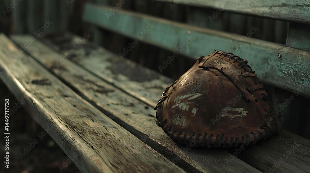 Naklejka premium Baseball mitt resting on a wooden dugout bench