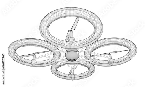 A drawing of a four-sided drone with a camera on the front. The drone is white and black and has a black and white color scheme. The drone is designed to fly in space and has a futuristic look to it