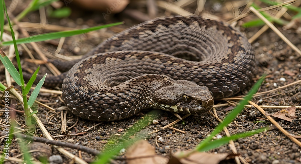 Obraz premium ai image displays a camouflaged brown viper snake coiled defensively on the ground, blending seamlessly with the surrounding dirt and grass