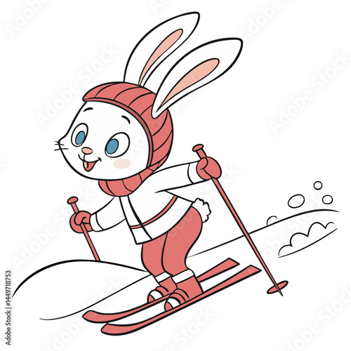 Bunny in Ski Clothes Skiing on Snowy Field. Perfect for: Winter, Christmas