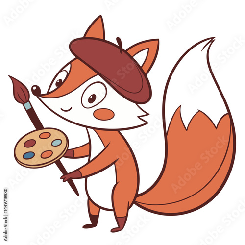 Fox with Artist's Beret Holding Paint Palette and Brush. Perfect for: Arts, Creativity