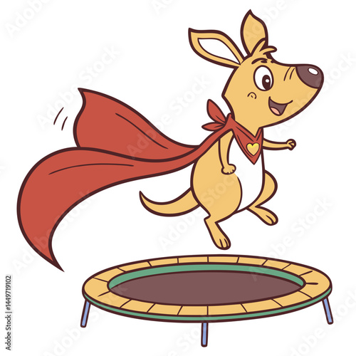 Kangaroo with Superhero Cape Bouncing on Trampoline. Perfect for: Summer, Adventure