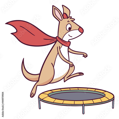Kangaroo with Superhero Cape Bouncing on Trampoline. Perfect for: Summer, Adventure