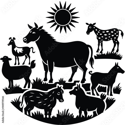 Vector Farm Animals Set. Silhouettes of Cow, Pig, Sheep, Lamb, Hen, Goat, Horse, Turkey. Design elements for emblem, poster, label. Farm Animals icons isolated on white background.Vector Farm Animals
