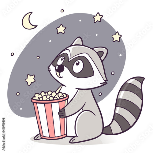 Raccoon Watching Outdoor Movie with Popcorn. Perfect for: Summer, Movie Night