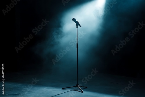 A single microphone on stage under a spotlight ready for a performance bathed in dramatic blue hues and atmospheric