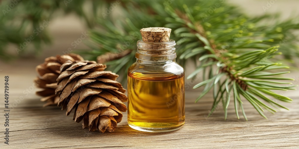 Pine Turpentine Essential Oil with Pine Cone, Coniferous Leaves and Fir Tree Branches Background Pine Turpentine Essential Oil with Pine Cone, Coniferous Leaves and Fir Tree Branches Background