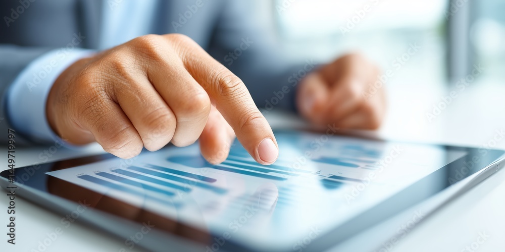 Fototapeta premium Business hand touching digital bar graph on tablet. financial analysis, performance and strategy concepts