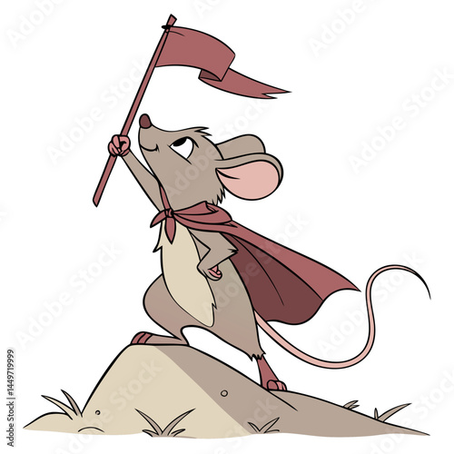 Mouse with Cape Holding Flag on Hill. Perfect for: Adventure, Superhero