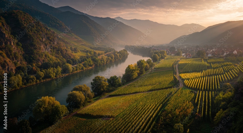 Fototapeta premium Scenic Wachau Valley Austria vineyard landscape at sunrise with river