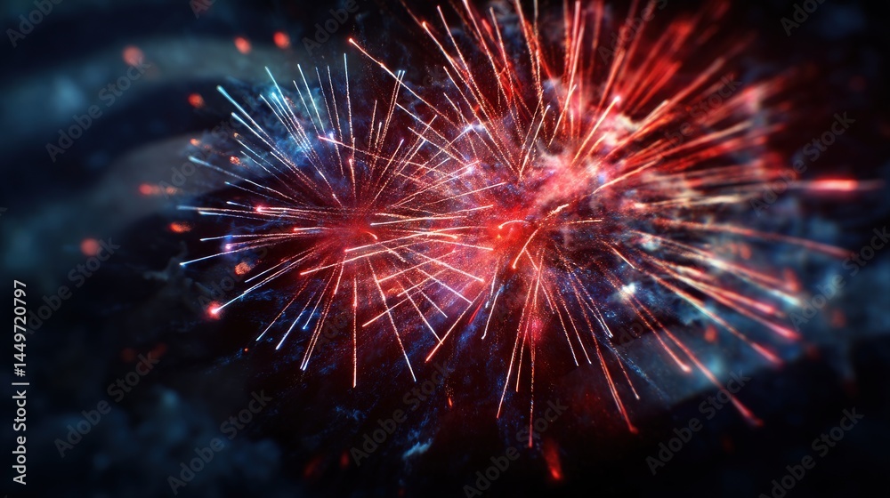 Vibrant fireworks explode in a dazzling display of red, white, and blue, illuminating the night sky.