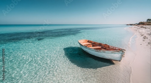 Serene tropical beach scene with a rustic rowboat on the shore