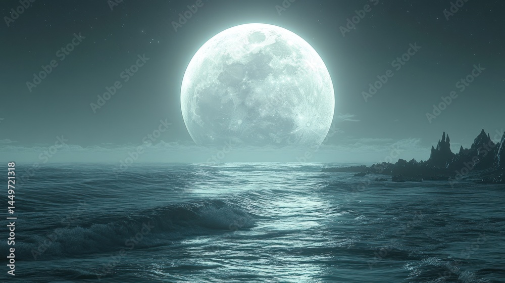 Large moon over water reflecting light with trees on the distant shore. Large moon over water reflecting light with trees on the distant shore.