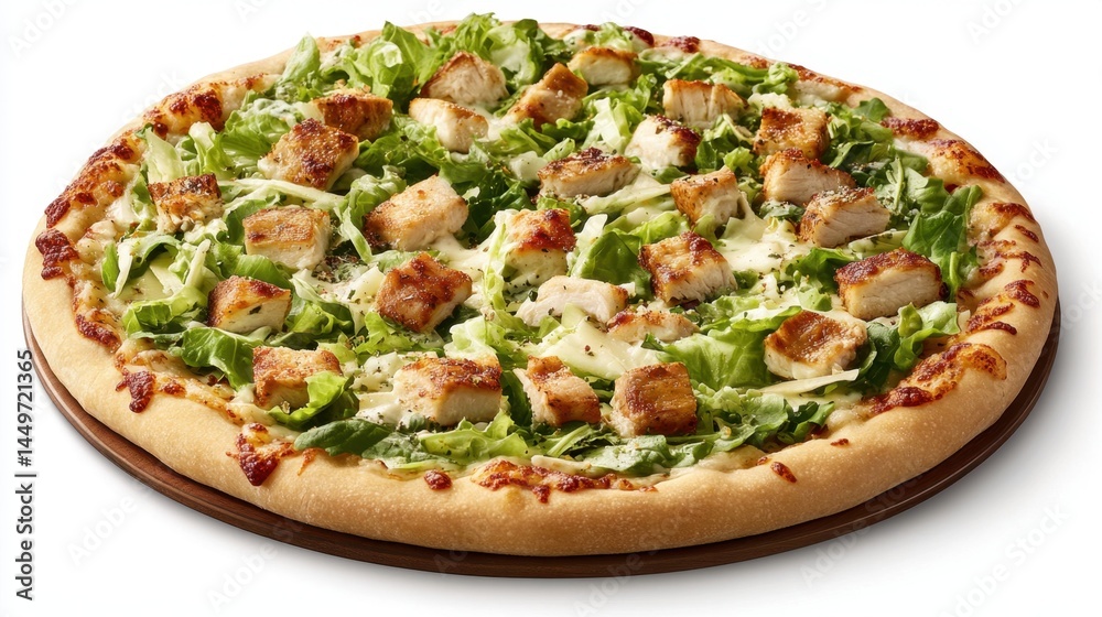 Delicious chicken caesar salad pizza with crisp lettuce and savory toppings