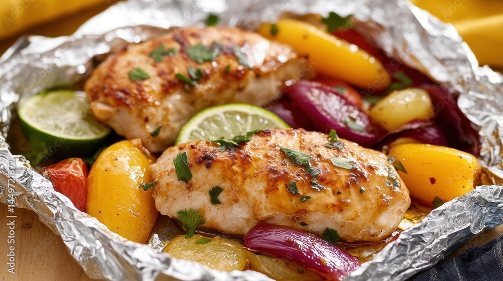 Grilled chicken with vegetables and lime in foil for outdoor cooking and dining