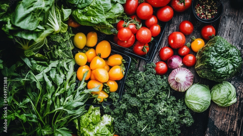 Fresh organic vegetables assortment with tomatoes, spinach, and lettuce for healthy cooking inspiration
