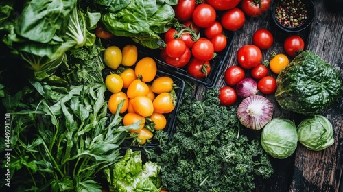 Obraz na płótnie Fresh organic vegetables assortment with tomatoes, spinach, and lettuce for healthy cooking inspiration w salonie