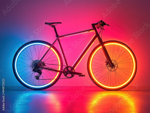 Modern bicycle with neon-lit wheels: vibrant details and illuminated backdrop for tech transport promotions, sports equipment ads, or urban nightscape designs photo
