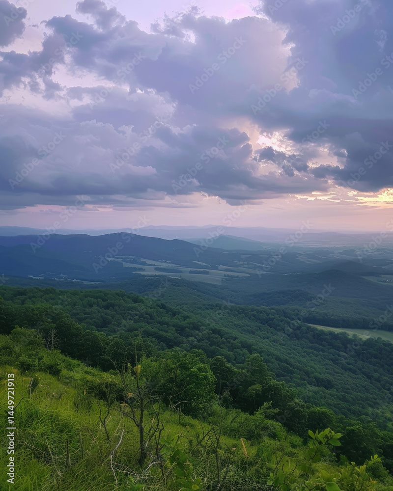 Obraz premium Majestic sunset mountain panorama lush green forest peaceful nature scene