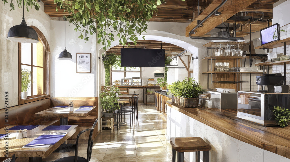 Fototapeta premium cozy restaurant interior featuring wooden furniture, greenery, and warm atmosphere, perfect for dining and socializing