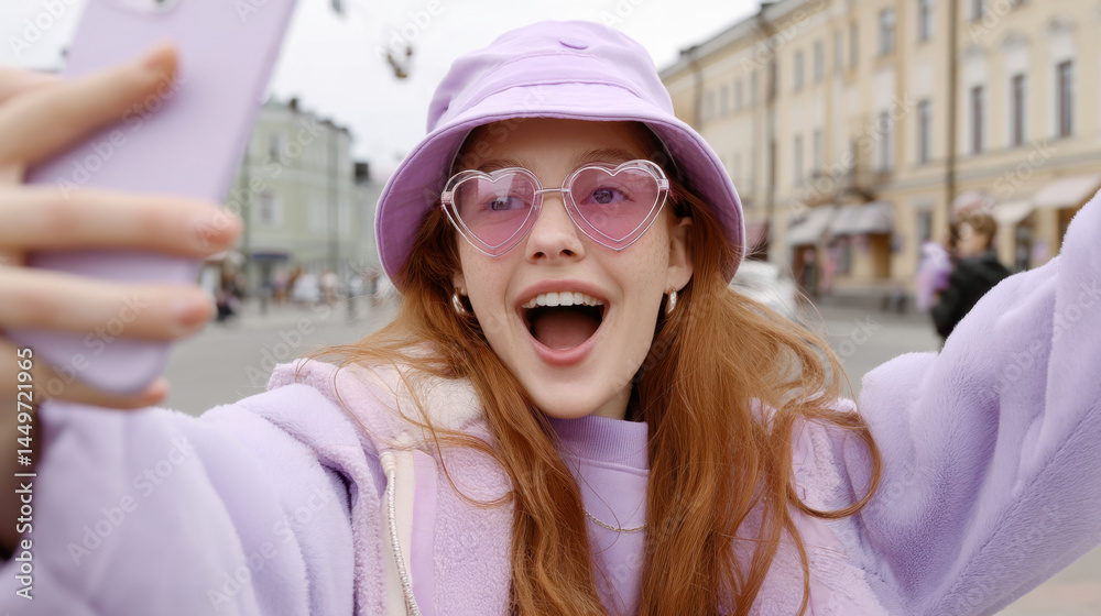 Cheerful young woman in lavender outfit taking selfie in urban street environment