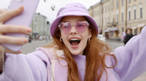 Obraz na płótnie Cheerful young woman in lavender outfit taking selfie in urban street environment w salonie