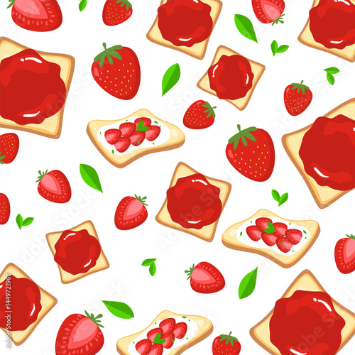 Sliced toast seamless pattern with strawberry and jam. Breakfast menu illustration. Food cartoon