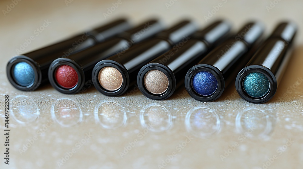 Naklejka premium A variety of makeup products laid out on a light brown surface. HD 8K wallpaper Photographic Image