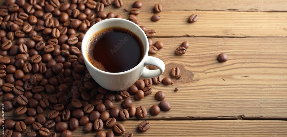 Cup coffee surrounded by roasted beans on wooden table. Hot drink, inviting, aromatic morning beverages. Freshly brewed coffee cup on rustic wood background. Coffee break at home, cafe.