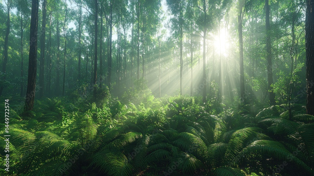 Obraz premium Sunlight streams through lush forest