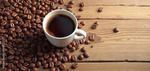 Obraz na płótnie Cup coffee surrounded by roasted beans on wooden table. Hot drink, inviting, aromatic morning beverages. Freshly brewed coffee cup on rustic wood background. Coffee break at home, cafe. w salonie