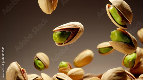 Slow-motion pistachios tumbling in air with neutral background – perfect for healthy food visuals, ingredient branding, and cinematic snack product advertising in natural tones