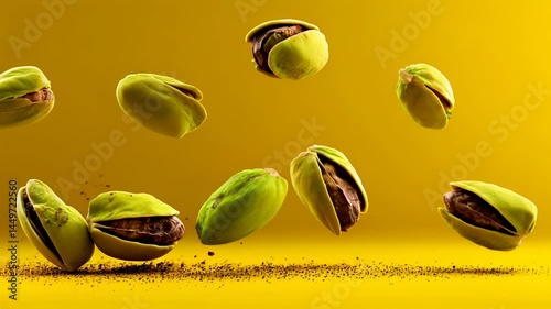 Floating pistachios captured in overhead motion on saturated background – ideal for snack commercials, product animations, or healthy lifestyle food campaigns with dynamic movement