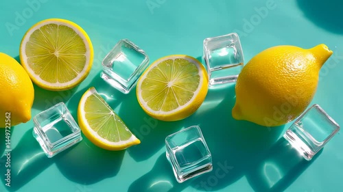Overhead shot of lemon slices and ice cubes floating in turquoise water – perfect for beverage branding, summer visuals, or wellness campaigns promoting freshness and hydration