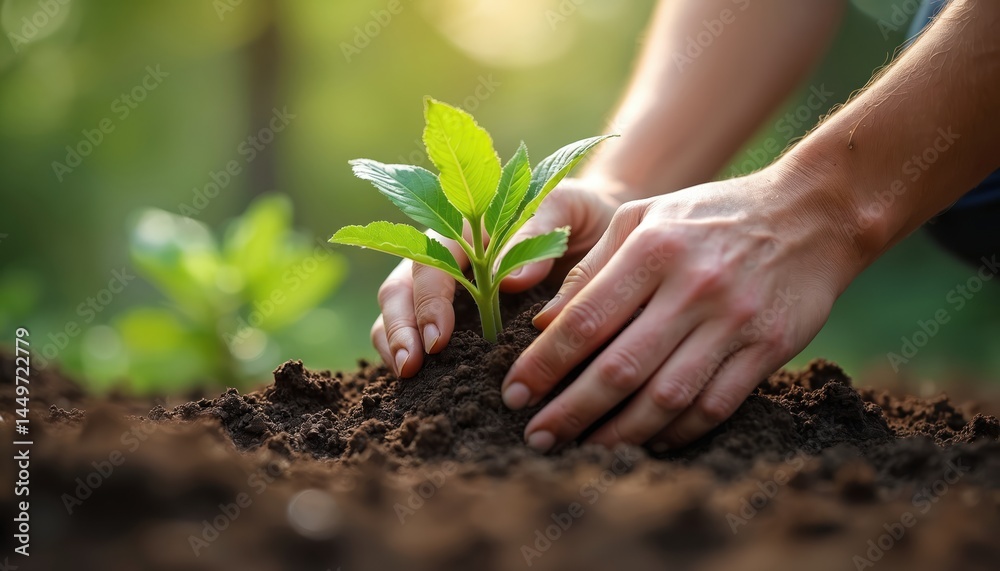 Person carefully plants young tree sapling into soil. Hands gently holding seedling, earth, concept of new life. Gardening outdoors, environmental eco concept. Sustainable gardening, planet care.