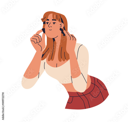 Woman trying on and choosing earrings. Modern young girl looking, deciding which jewelry accessory to wear, making decision about fashion outfit. Flat vector illustration isolated on white background