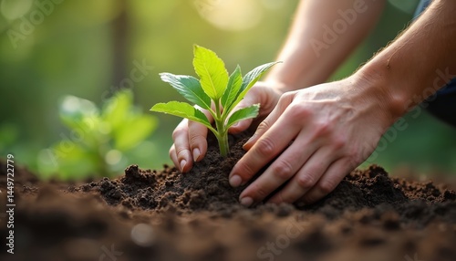 Obraz na płótnie Person carefully plants young tree sapling into soil. Hands gently holding seedling, earth, concept of new life. Gardening outdoors, environmental eco concept. Sustainable gardening, planet care. w salonie