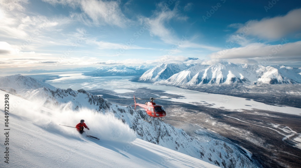 Epic ski flight over snowy peaks Epic ski flight over snowy peaks