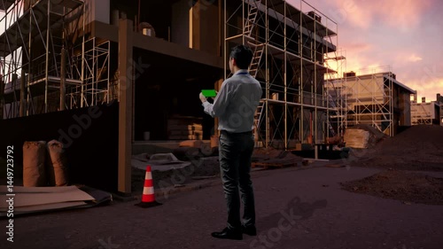 Wallpaper Mural Full Body Back View Of An Asian Male Professional Worker Standing With Green Screen Smartphone At Construction Site in Progress to New House, Industrial Facility Torontodigital.ca