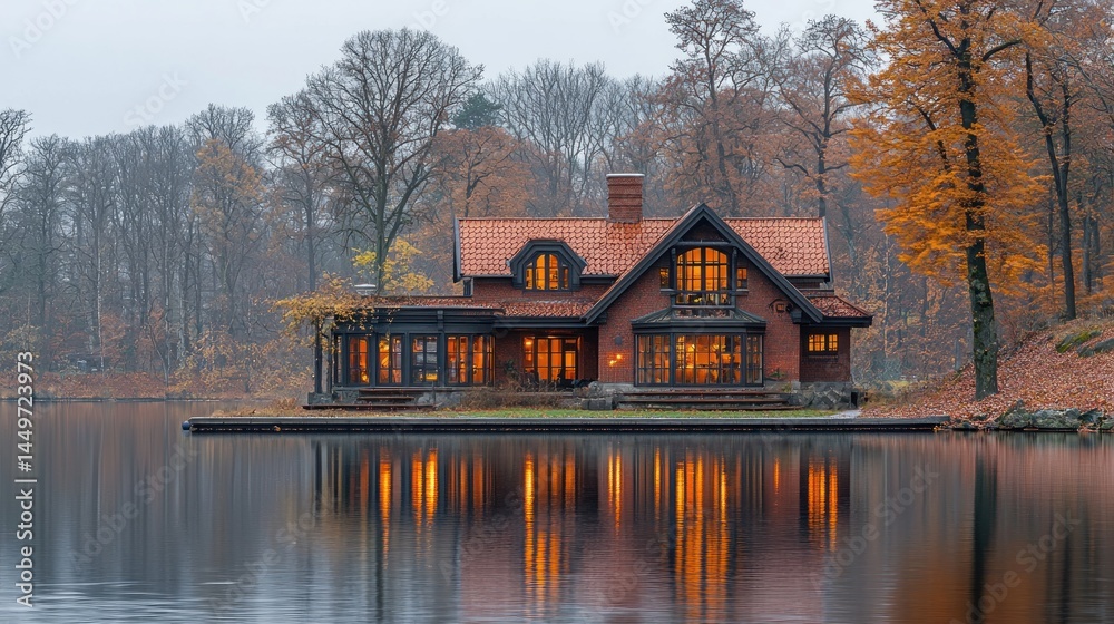 Obraz premium Tranquil autumn home on a serene lake