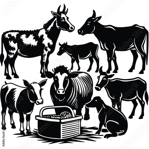 Vector Farm Animals Set. Silhouettes of Cow, Pig, Sheep, Lamb, Hen, Goat, Horse, Turkey. Design elements for emblem, poster, label. Farm Animals icons isolated on white background.Vector Farm Animals

