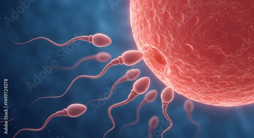 AI image offering a detailed close-up view of sperm cells attempting to penetrate the outer layer of a human egg