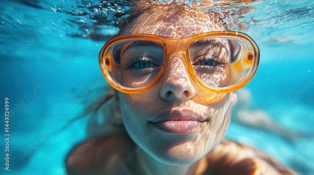 Fototapeta premium Woman swimming underwater with goggles blue water and light.
