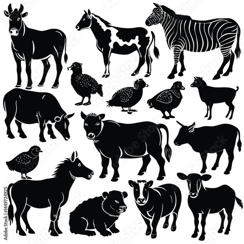 Vector Farm Animals Set. Silhouettes of Cow, Pig, Sheep, Lamb, Hen, Goat, Horse, Turkey. Design elements for emblem, poster, label. Farm Animals icons isolated on white background.Vector Farm Animals
